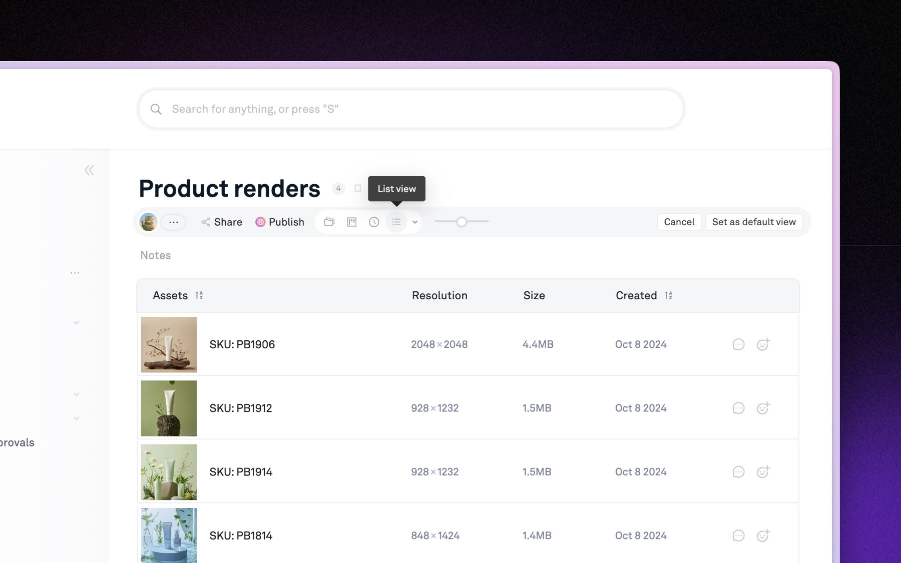 Switch between views to browse every asset type in one place, from corporate identity to trade show collateral.