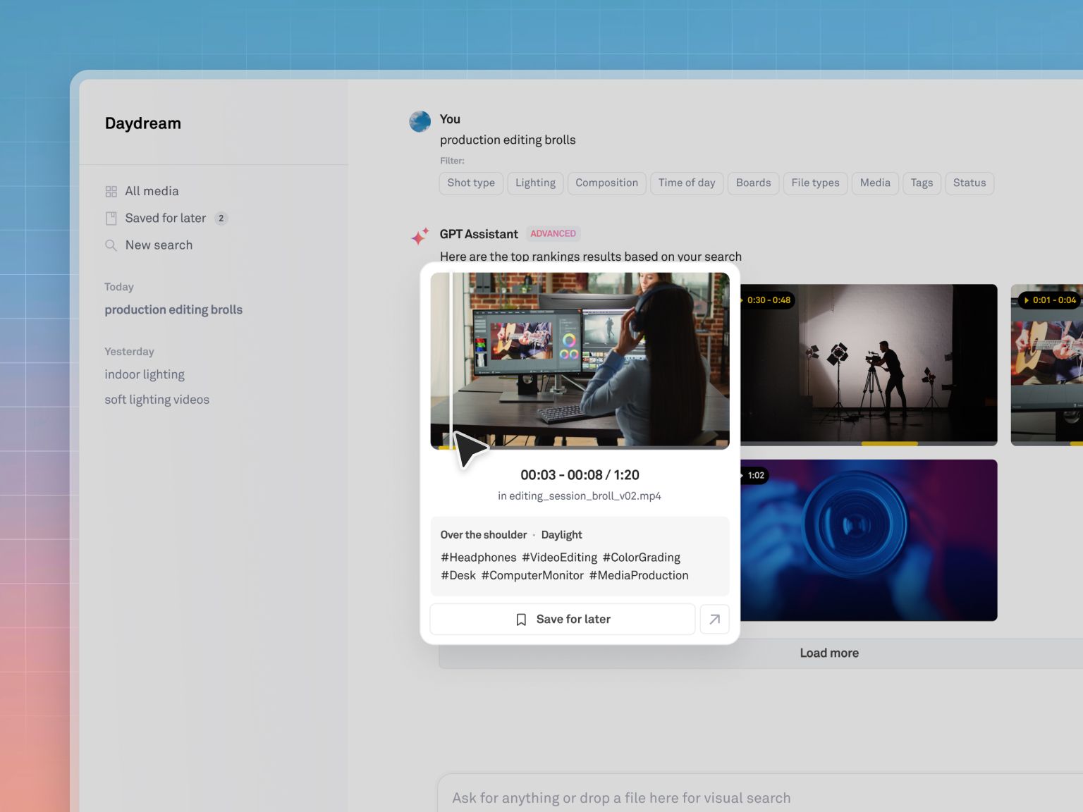 Search inside video to jump to the exact take, no scrubbing the timeline.