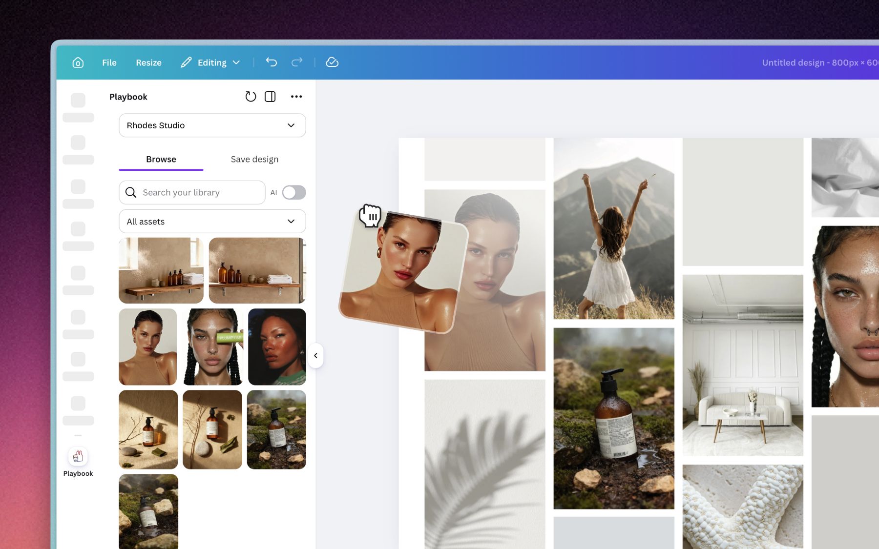 Browsing a Playbook workspace from the Canva side panel and dragging an asset onto the design
