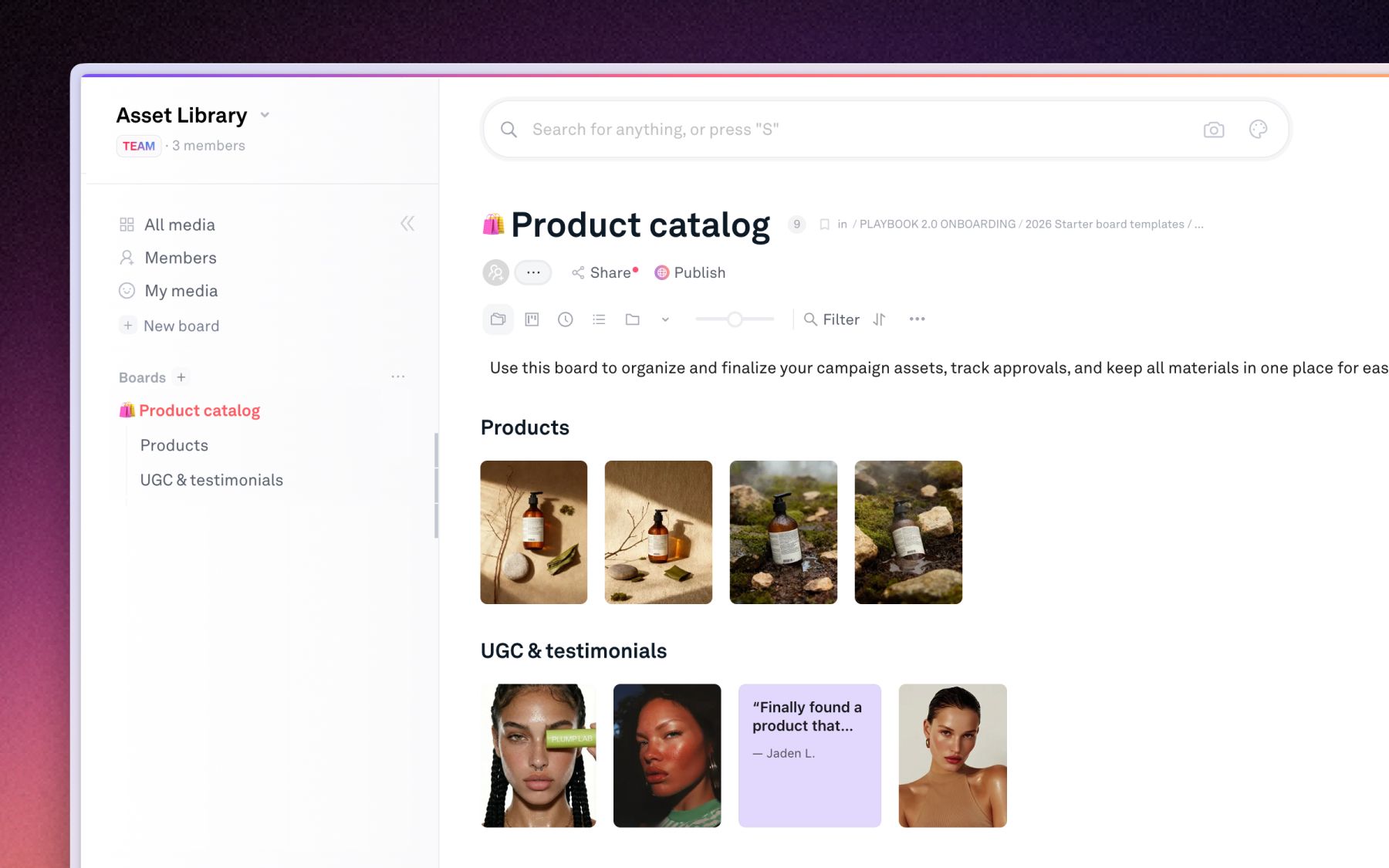 A product catalog board with one sub-board for products and one for UGC and testimonials.