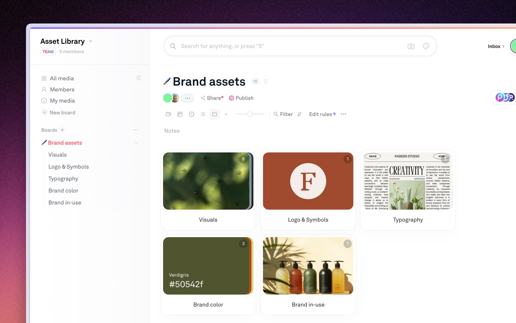 A brand board split into sub-boards for visuals, logo and symbols, typography, brand color, and brand in use.