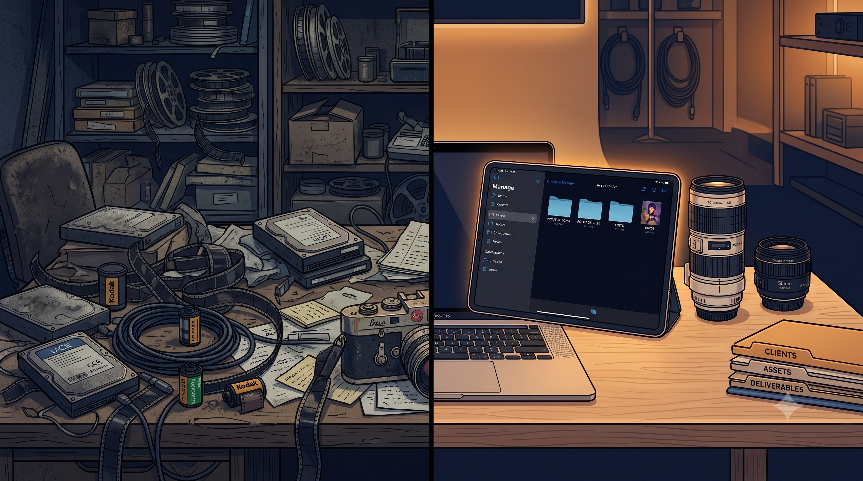 Abstract representation of traditional studio chaos vs modern clarity