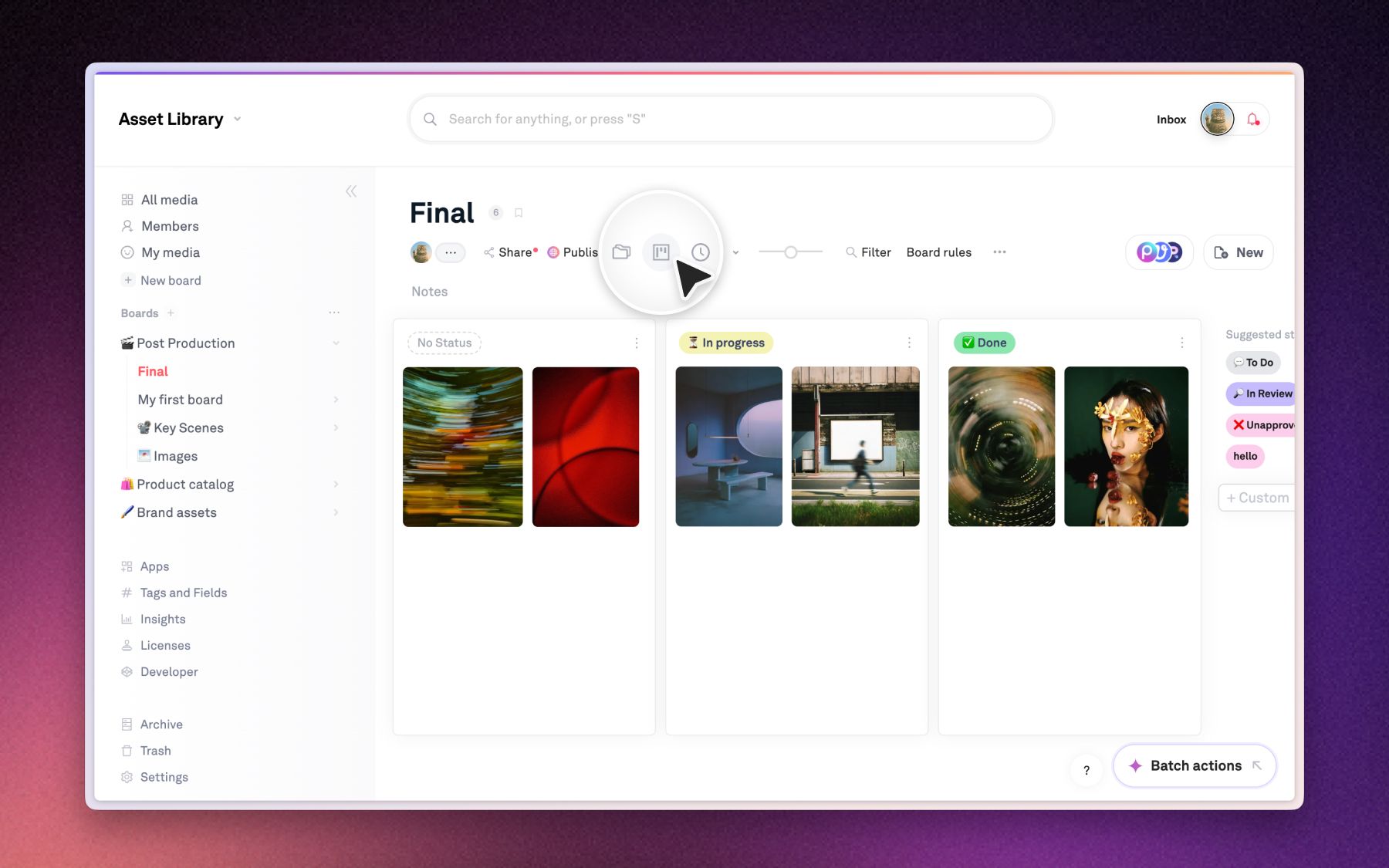 Kanban view moves a cut between rough, in review, approved, and delivered.