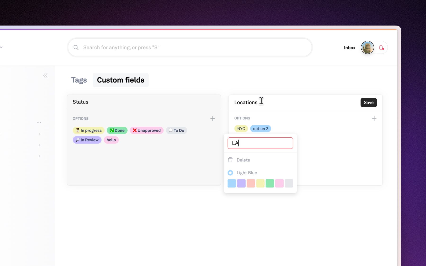 Custom fields mark deliverable type and approval status on every file.