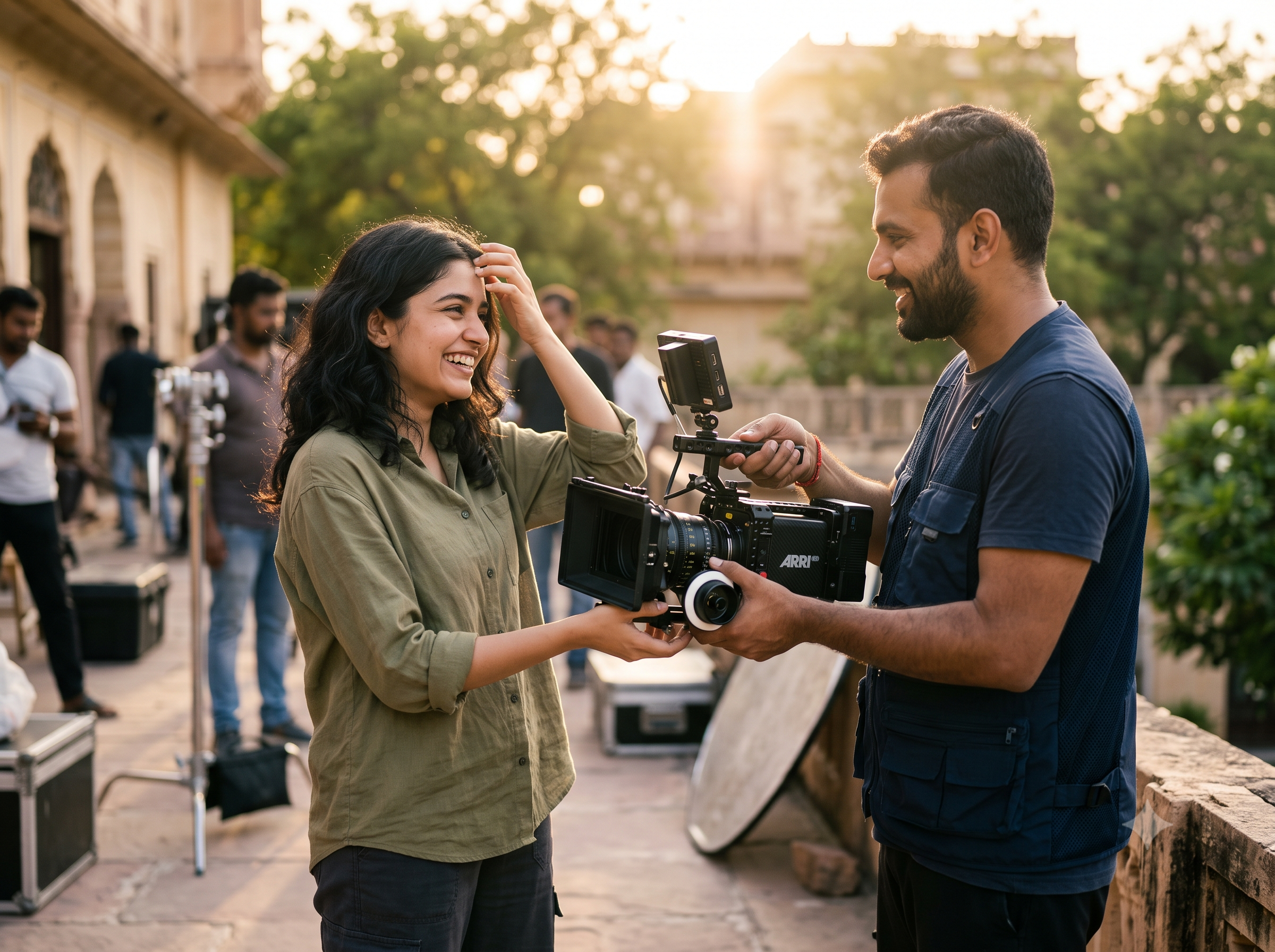 Technical assistant helping a creator with high-end cine-camera