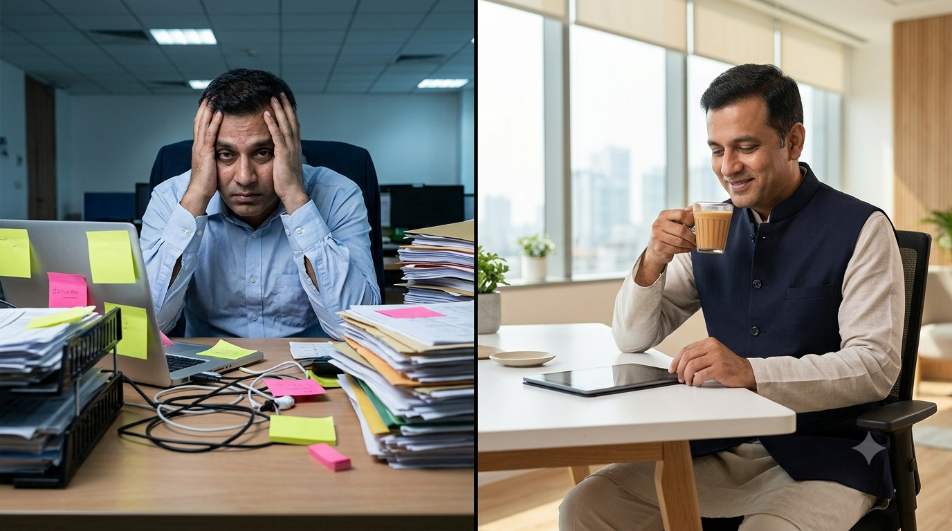 Stressed vs Relaxed Indian Business Owner
