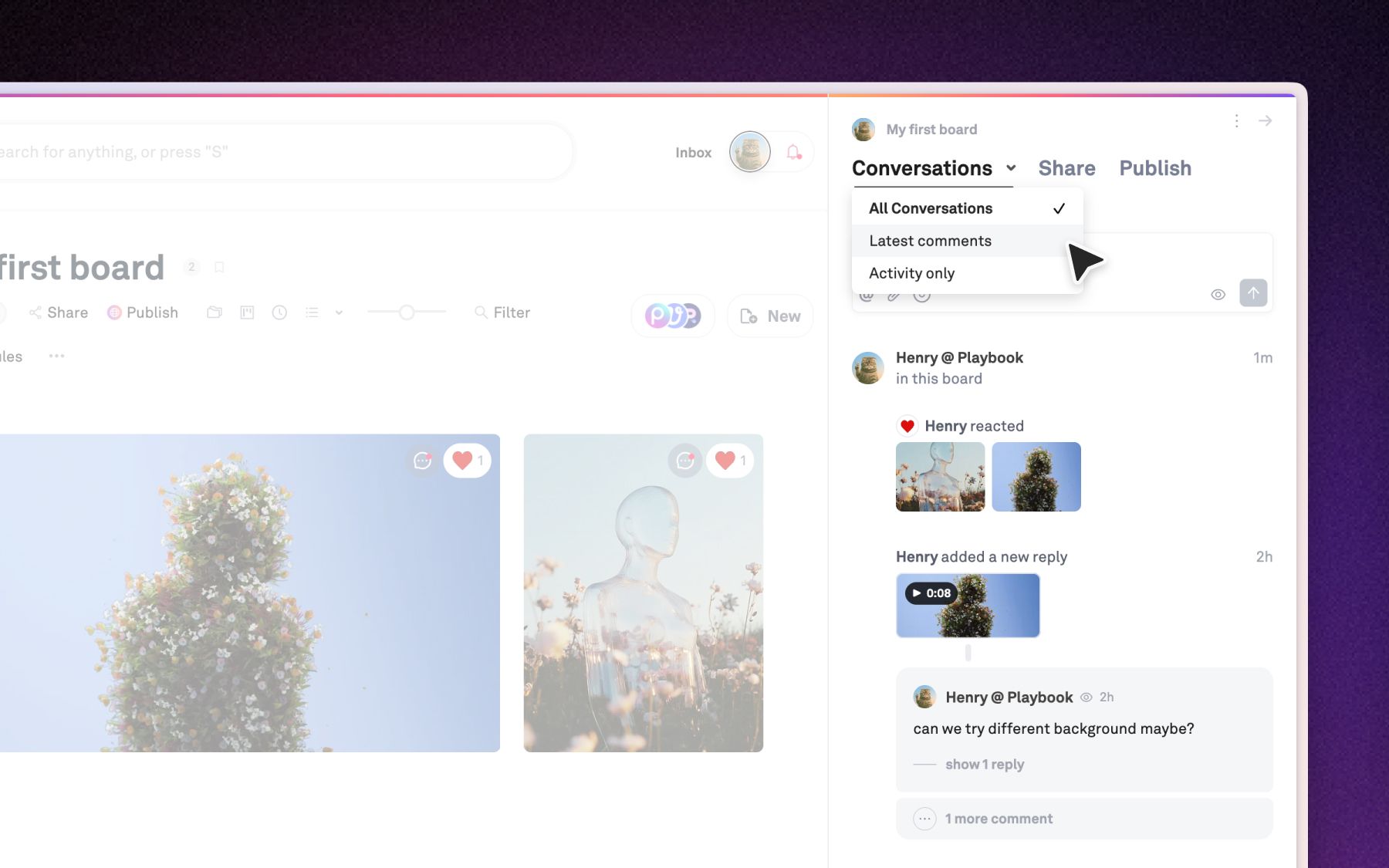Comments, reactions, and @-mentions keep feedback organized directly on the asset.