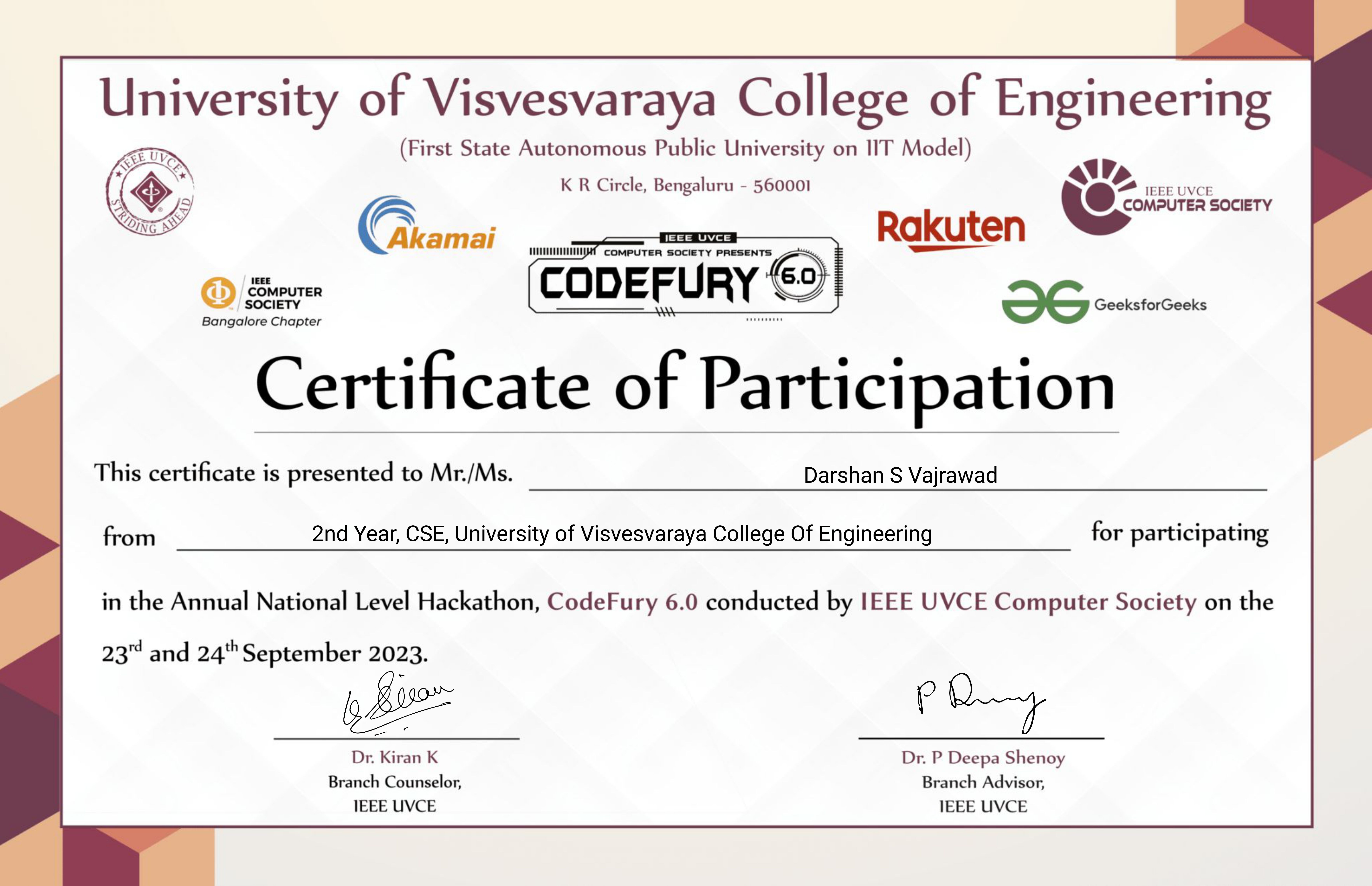 CodeFury-6.0 Participation certificate