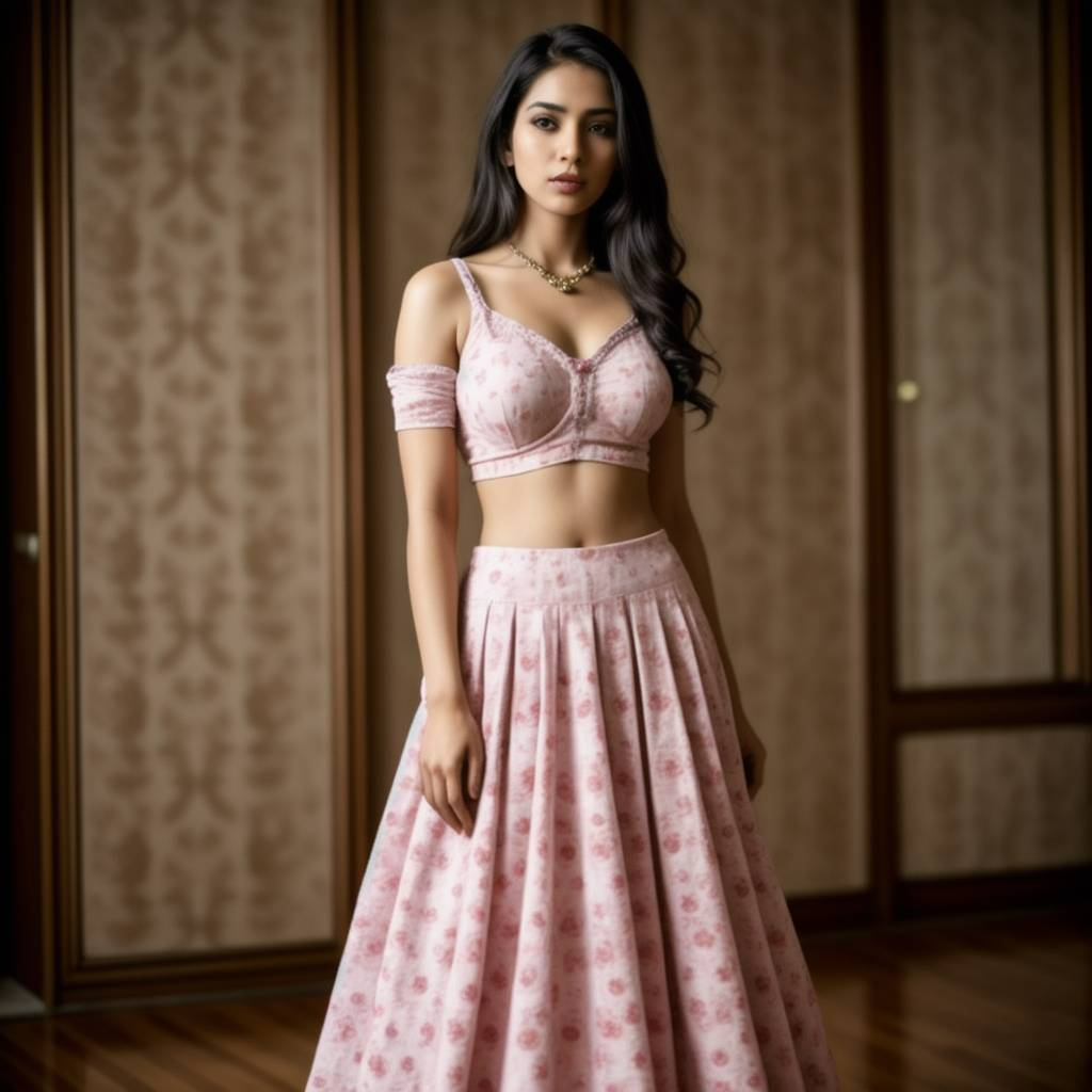 The traditional Indian silhouette has been replaced by European-style clothing. Long, flowing garments have been replaced by fitted garments with cinched waists and bustles. Indian prints and motifs have been replaced by European floral, checkerboard, and paisley prints. 